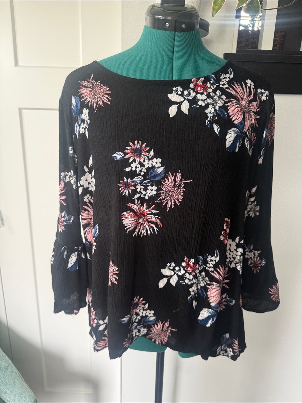 Daytrip Black Floral Boatneck Tunic with Pink & Blue Accents
